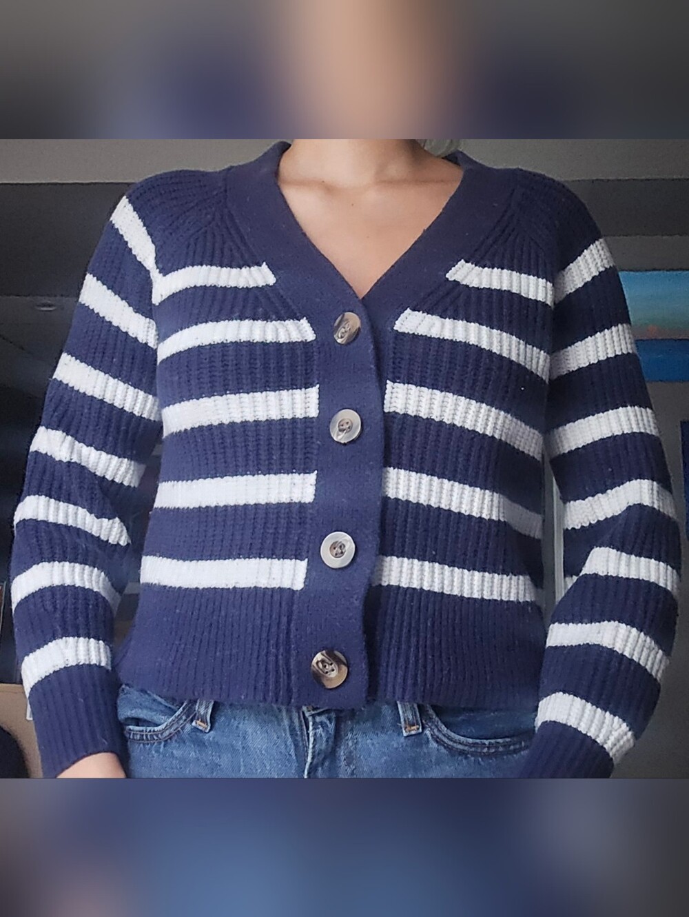 Old Navy Navy Blue and White Striped Knit Sweater